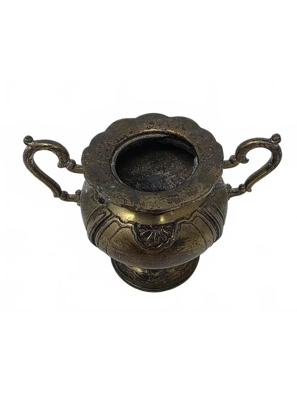 Vintage Made in Japan Metal Urn Cachepot Pedestal Vase Bronze Tone Double Handle